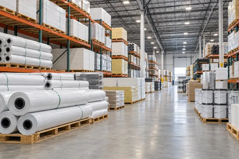 Materiales para techos comerciales, incluyendo membranas, aislamiento y productos de roofing, organizados en un centro de distribución de Gulfeagle Supply.